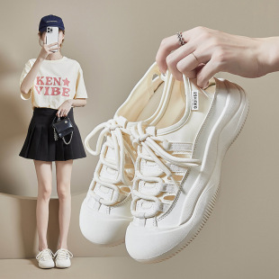 Hollow Canvas Shoes for Women 2025 Summer New Korean Style Student White Shoes for Women Flats Ins Breathable Half Support P801