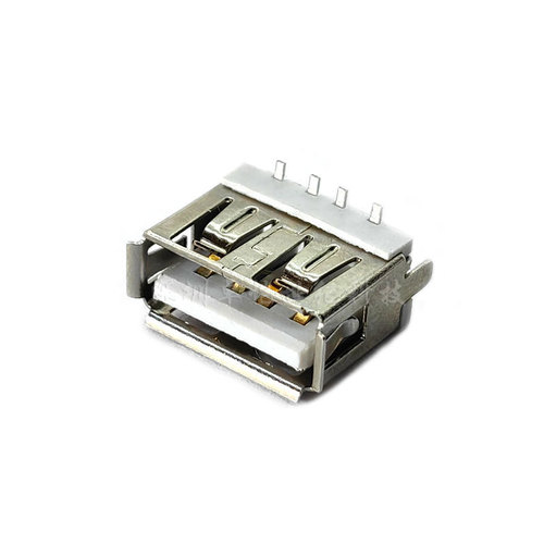 USB Female Connector, Vertical, 2-Prong Plug Board, 4P, Surface-Mounted, L10.0, White Plastic Core, Direct-Insert A-Type USB 2.0 Connector