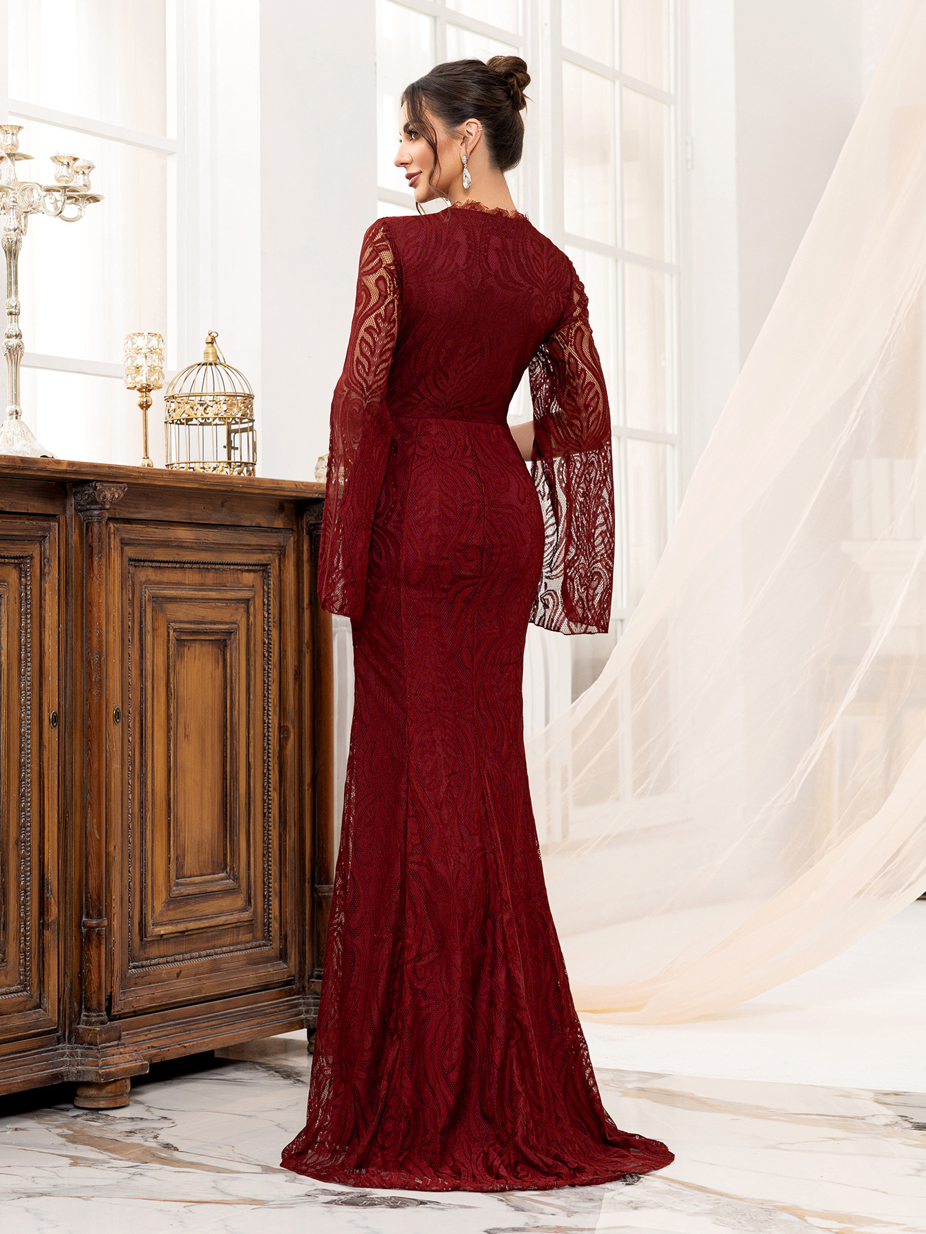 Vestido de noche transfronterizo nuevo noble y sexy, vestido de fiesta largo, vestido de dama de honor de vino rojo