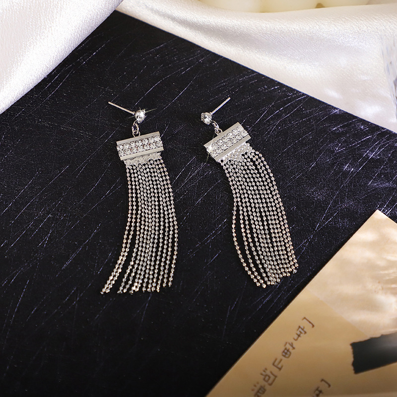 New Korean Version Of Round Bead Chain Tassel Earrings Long Rhinestone Simple Earrings display picture 2