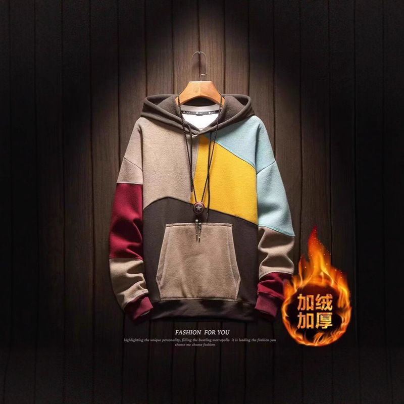 Fleece-Lined Thick Color-Block Hooded Sweatshirt for Men, Autumn and Winter Loose Top, Casual Couple Hoodie Jacket for Teenagers Fleece-Lined Thick Color-Block Hooded Sweatshirt for Men, Autumn and Winter Loose Top, Casual Couple Hoodie Jacket for Teenagers