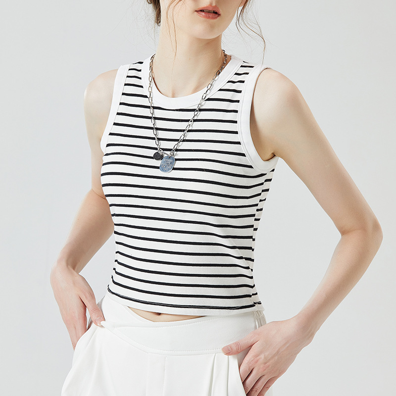 D29 Summer Thin Bra Cup Integrated Vest Women's Outer Wear Striped Belt Chest Pad Wide Shoulder Waist Short Vest