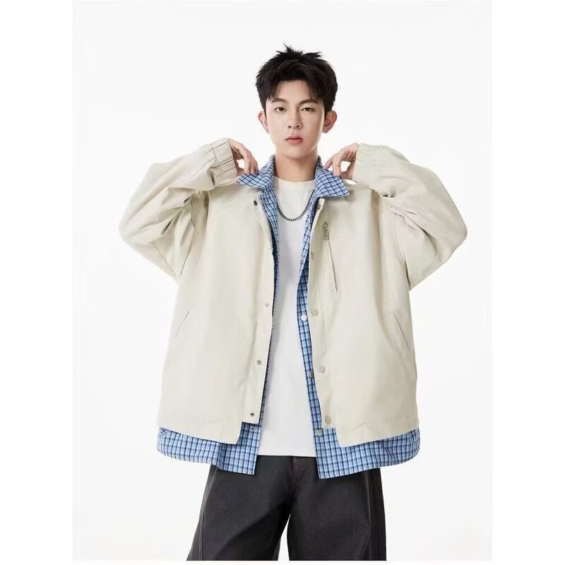 American Retro Cleanfit Fake Two-Piece Flannel Shirt with Patchwork Lapel Flight Jacket for Men and Women in Spring and Autumn