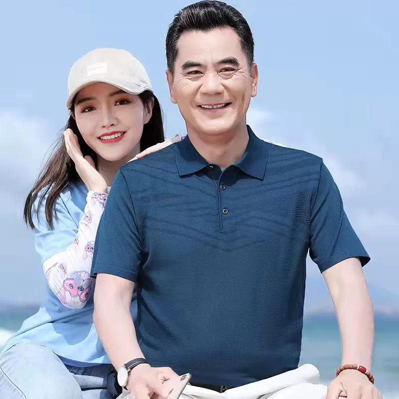 Летняя футболка для среднего и пожилого возраста, Вязаная мужская футболка с лацканами из ледяного шелка, топ с короткими рукавами и короткими рукавами для папы больших размеров