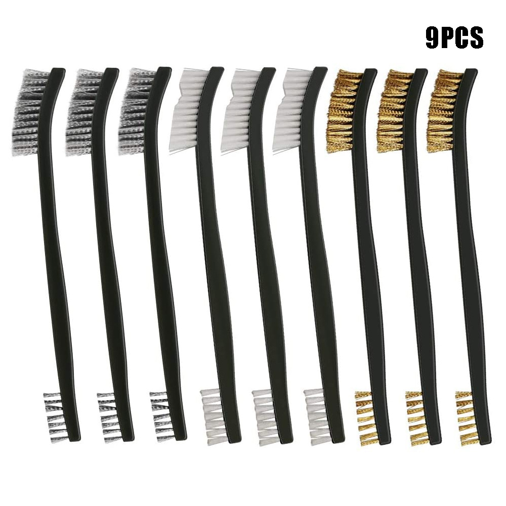 9件套双头钢丝刷套件，用于清洁焊渣不锈钢黄铜和尼龙钢丝刷
