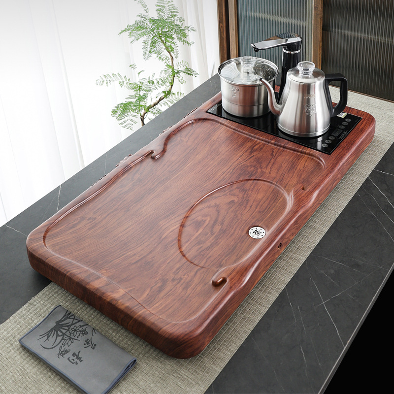 全自动一体黑檀木纹茶盘烧水壶电磁炉家用茶具套装紫檀实木纹功夫