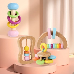 Wooden Rattle Four-Piece Orff Musical Instrument Set Newborn Baby Soothing and Grasping Educational Early Education Toys