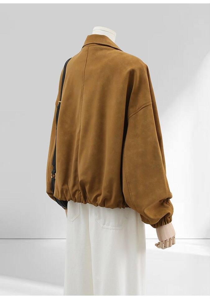 Áo khoác nữ dáng rộng cổ đứng phối lệch phong cách vintage, form suông thoải mái, khóa kéo tiện dụng — Brown Original Vải Nâng cấp chi tiết 11