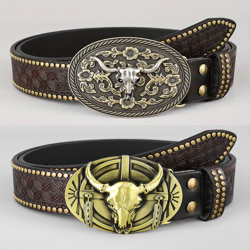 Western Cowboy Belt Trendy Retro Youth Punk Floral Men's Rivet Leather Belt