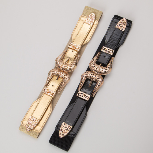 Black retro carved hollow double buckle wide belt double buckle elastic elastic waistband versatile waistband women's accessories