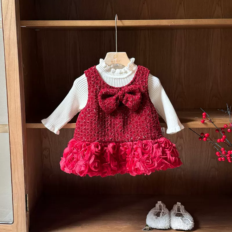 婴儿衣服冬季女宝宝夹棉连衣裙套装加厚过年一岁冬款公主裙两件套