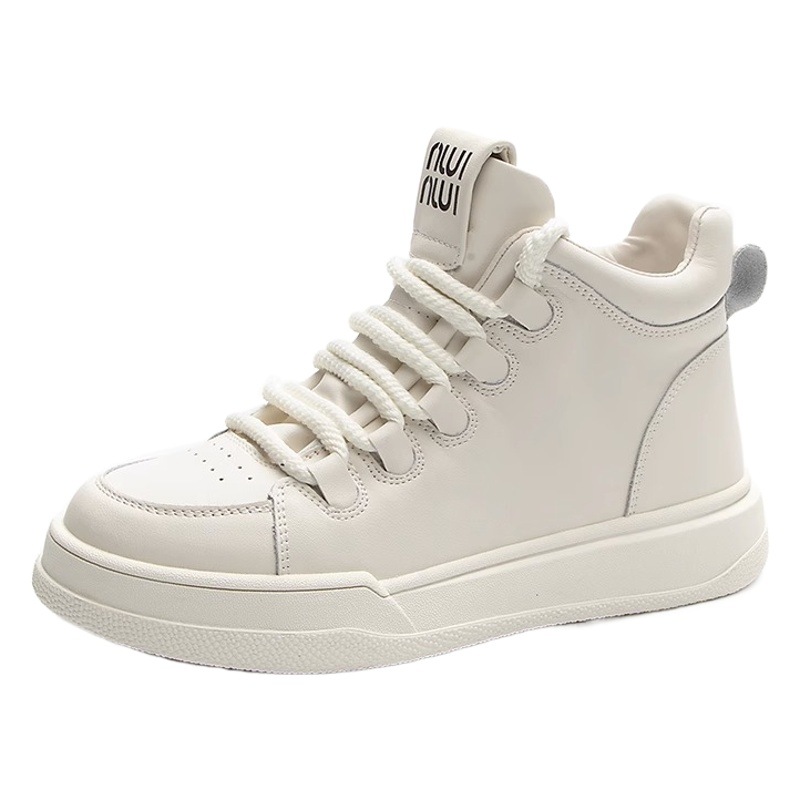 Genuine Leather High-Top White Sneakers for Women, 2025 Spring Flat Casual Shoes, Soft-Soled Cowhide Breathable Board Shoes, Comfortable and Versatile