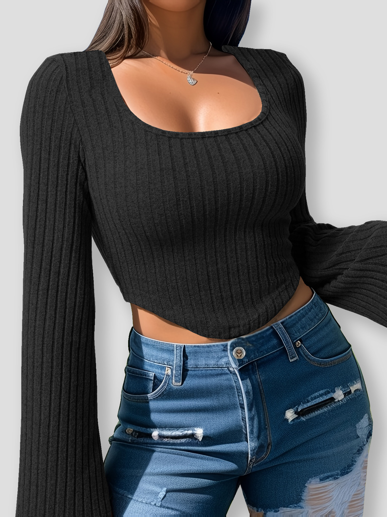 Nuevo otoño y invierno de comercio exterior de Europa y los Estados Unidos ropa de mujer sexy delgada cuello cuadrado cuerno manga blusa image 3