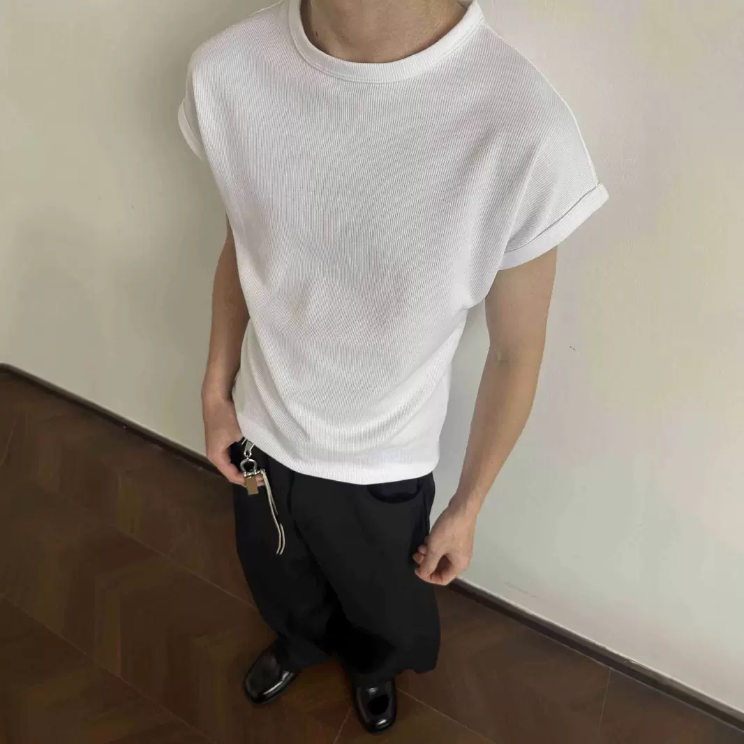 EME男装 基础凉感无袖坎肩螺纹打底背心T恤休闲百搭垂感卷边