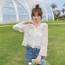2025早秋季新款韩版勾花镂空V领蕾丝外搭女长袖上衣外套针织开衫