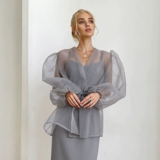 2026秋季欧美跨境Y2K黑色性感透视网纱衬衫女泡泡袖长袖衬衣叠穿