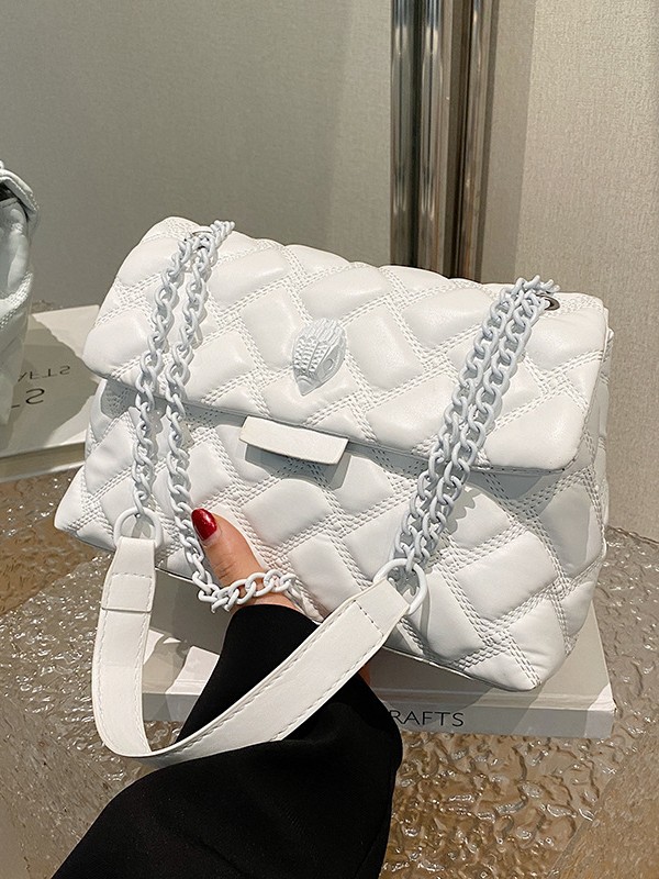 Bolso de Hombro Cuadrado para Mujer, Diseño Simple y Elegante con Cadena y Estampado a Cuadros, Color Sólido, para Uso Diario, Otoño 2024