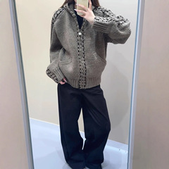 25早秋新款open休闲宽松拼接连帽针织开衫毛衣拉链羊毛外套