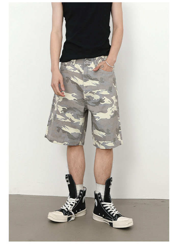Quần short nam denim họa tiết rằn ri phong cách công sở đi biển — Màu trắng, Màu đen, Màu đất gỉ sét, Ngụy trang màu mơ chi tiết 19