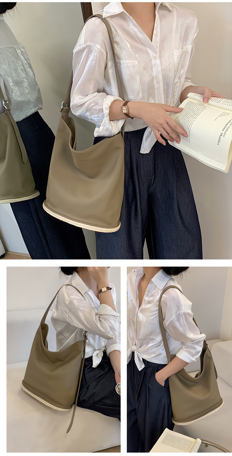 Bucket leisure large capacity commuting women's 2024 new single shoulder tote bag, leather soft cowhide crossbody bag_voghion.com