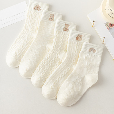 春秋新款袜子 女 日系可爱刺绣中筒袜子简约透气袜子