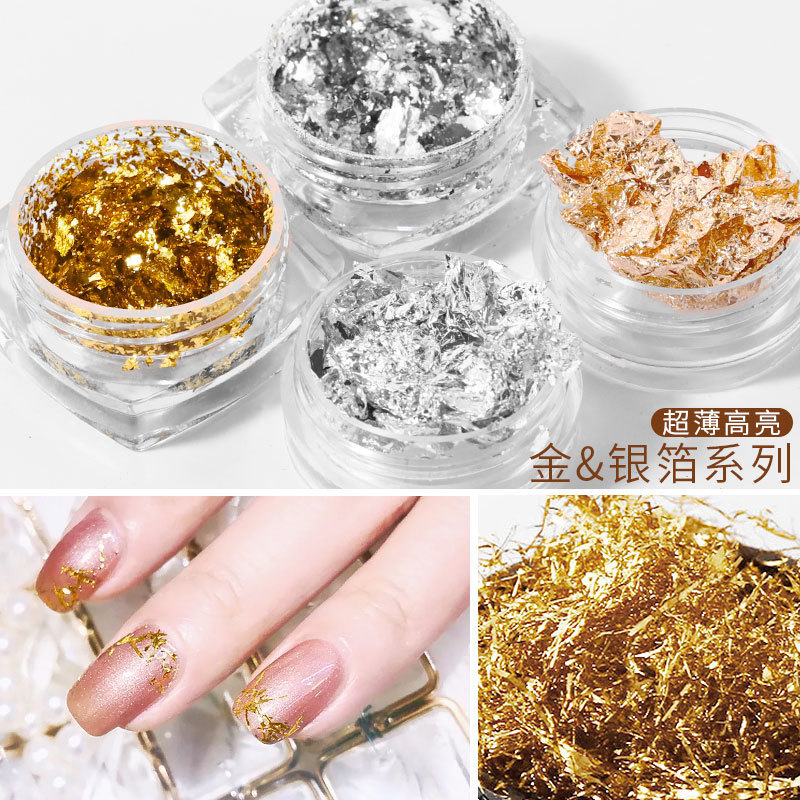 Ka Le Jia Japanese New Nail Art Gold Foil Silk Gold and Silver Foil Fragments Nail Polish Glue DIY Decorative Tin Foil Wholesale