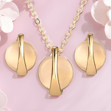 新款个性几何圆形欧美时尚猫眼石饰品套装耳钉项链现货女款首饰品