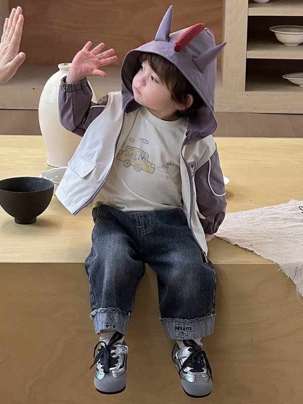 男の子の赤ちゃんかわいい漫画ジャケット 2025 秋の新男の子薄いフード付きトップベビーカーディガン服カテゴリー a|undefined
