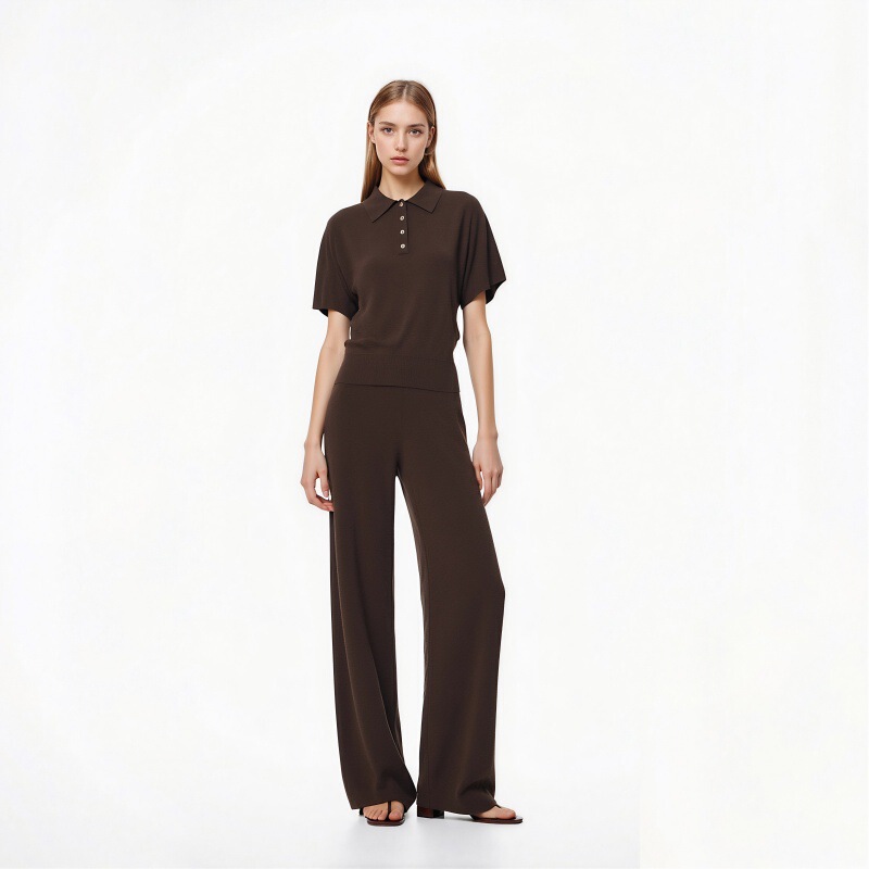 Nanyou Classy Spring & Fall Brown Polo Collar Short-Sleeved High-Waisted Straight Long-Sleeved Cashmere Knitted Fashion Casual Suit