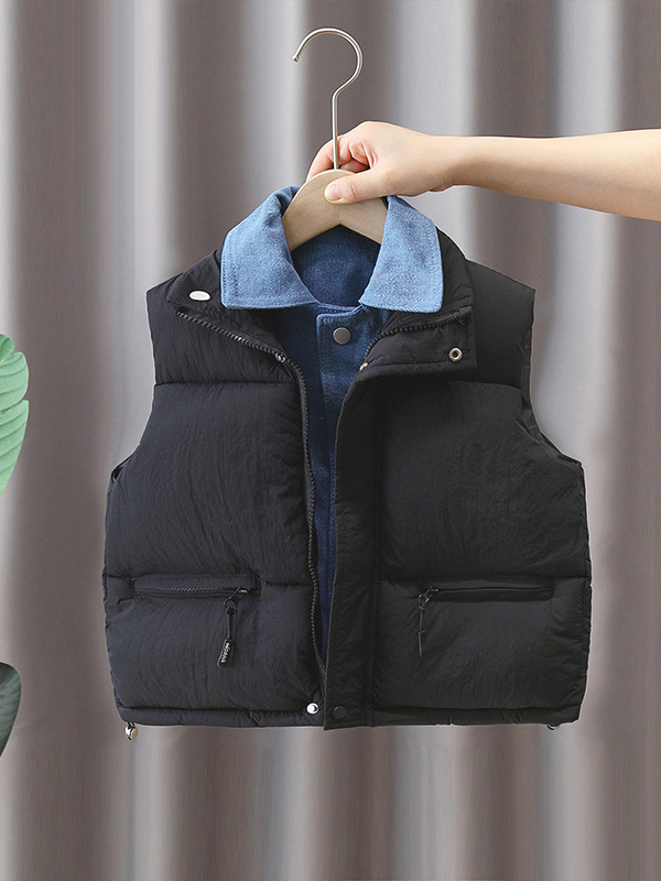 6656 chaleco negro para niños modelos de otoño e invierno 2024 nuevos tops sin mangas acolchados acolchados para niños invierno falso dos