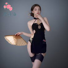 花情海梅花刺绣饰胸高开叉旗袍情趣内衣女性感纯欲风露背套装A371