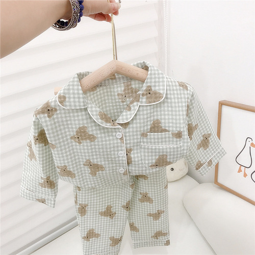 Little Girl's Checkered Homecoming Set with Bear Print Bubble Check Cotton Two-Piece Autumn Pajamas for Boys and Children Leisure