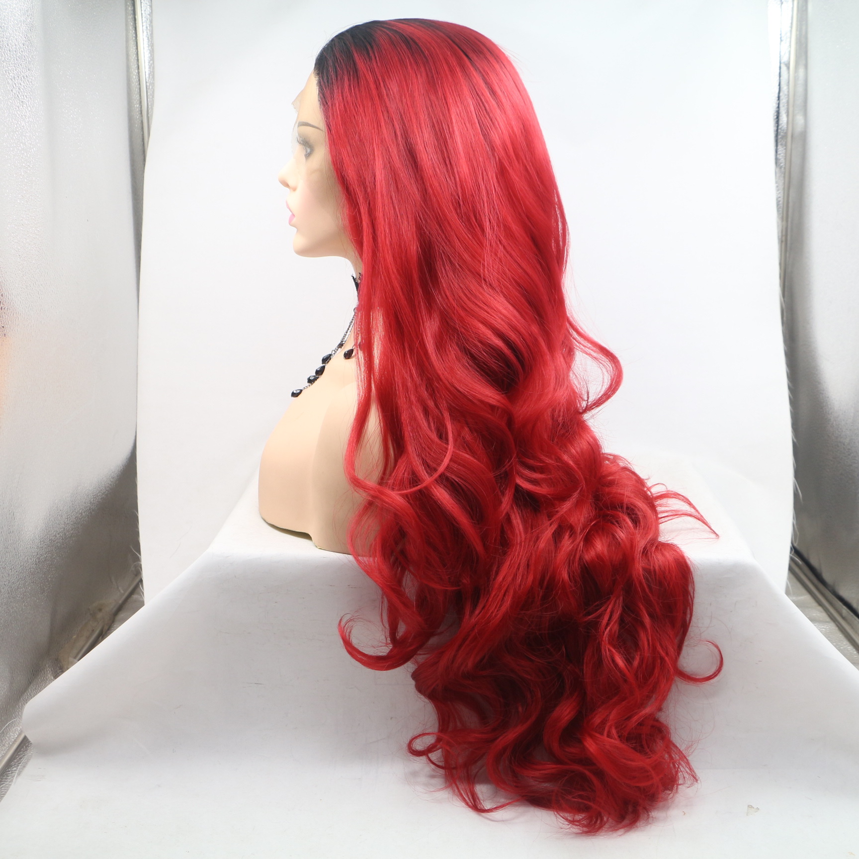 NEW LOOK Europeas y estadounidenses cabello rizado largo de color ondulado rojo frente encaje fibra química de alta temperatura peluca de seda