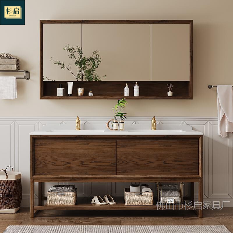 American-Style Bathroom Cabinet Set with Nordic-Style Rock Slab and Solid Wood, Floor-Standing Double Basin Bathroom Vanity Sink Cabinet