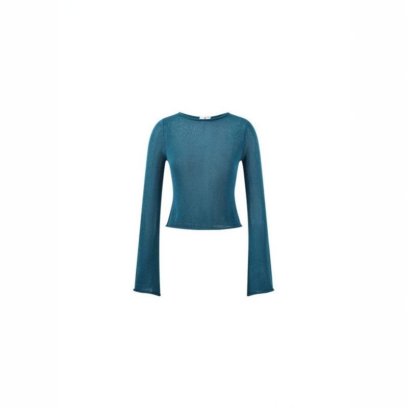 2026 new Korean-style versatile sheer flared-sleeve slim-fit knit top for women 2026 new Korean-style versatile sheer flared-sleeve slim-fit knit top for women