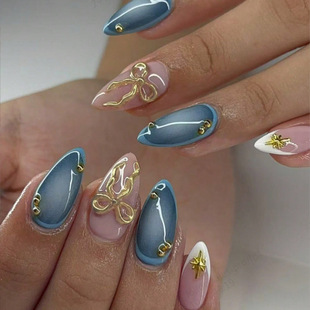 Cross-Border Hot-Selling French 3D Bow Blue-Green Gradient Medium Almond-Shaped Fake Nails Manufacturer Finished Wholesale Nails