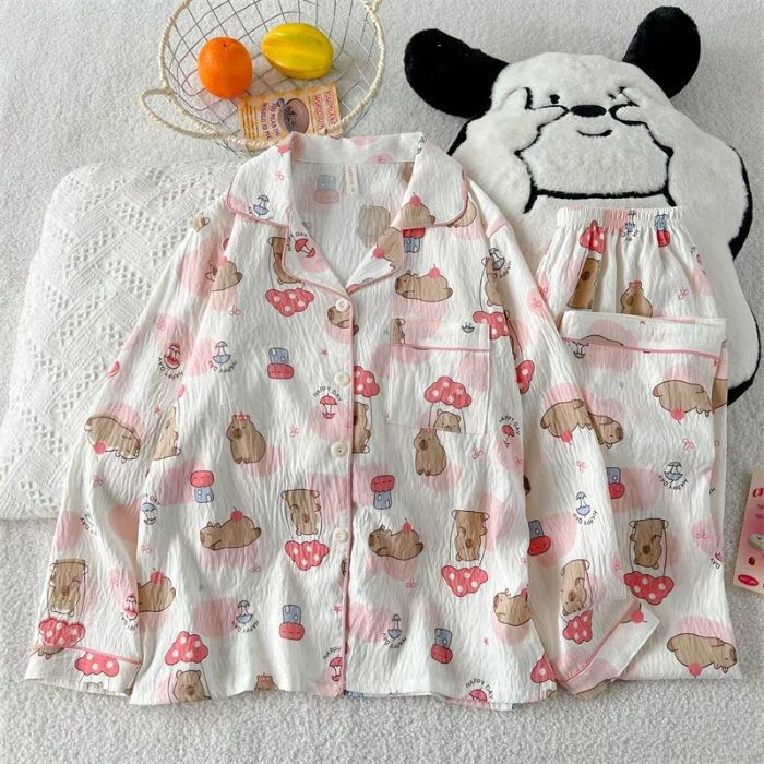 Al por mayor transfronterizo cien pijamas de verano mujeres 2025 nuevas nubes de algodón pantalones de manga larga dibujos animados lindos ropa para el hogar
