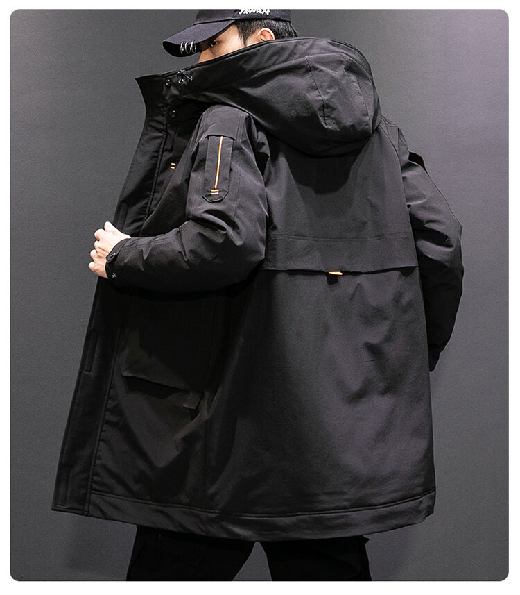 Men's Long Winter Workwear Down Jacket With Hood, Lightweight Warm Parka Coat For Cold Weather, Water-Resistant Polyester Shell, Machine Washable_voghion.com