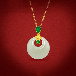 Ancient French Silver S925 Princess Buckle Pendant Hetian Jade Peace Buckle Necklace Manufacturer Wholesale One Piece Sugar Color Jade