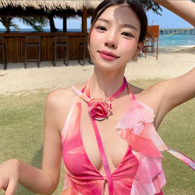 【跨境批發】荷葉邊拼接個性扎染顯瘦露背掛脖吊帶小背心夏季