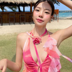 【跨境批發】荷葉邊拼接個性扎染顯瘦露背掛脖吊帶小背心夏季