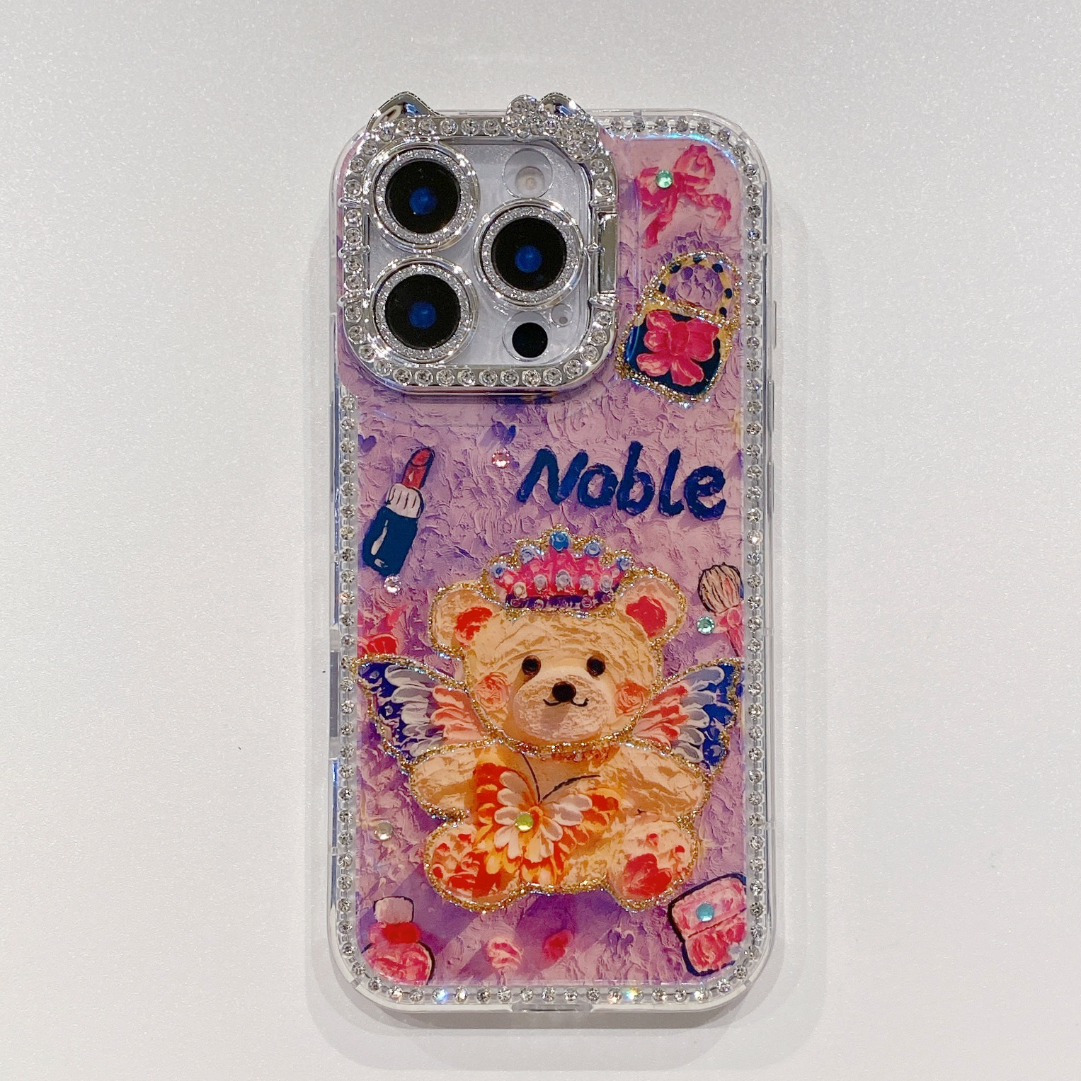 Pintura al óleo熊 para Apple 17 / 16 caja de teléfono celular perforación lateral lente de gato película en un marco de soporte para iPhone
