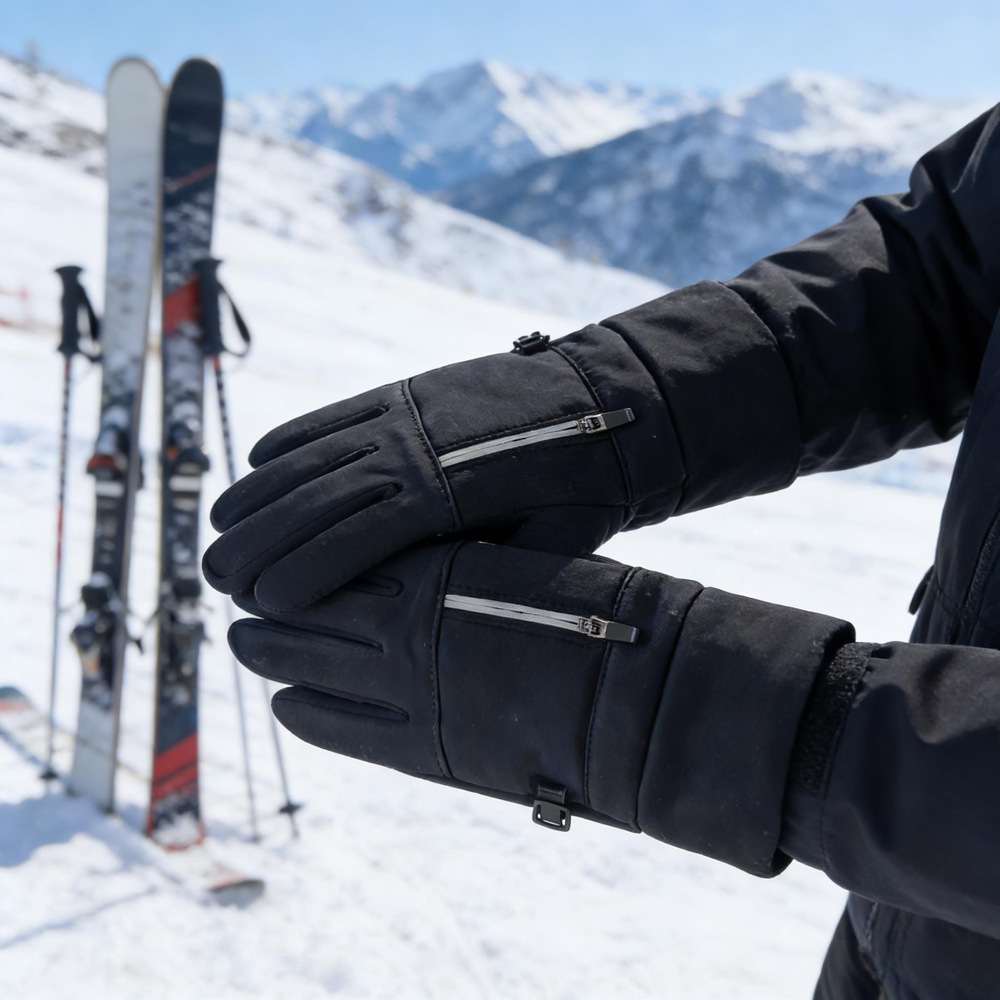 Winter Windproof Fleece-Lined Warm Gloves for Cycling, Outdoor Sports, Touchscreen, White Zipper, Non-Slip Finger-Separated Gloves