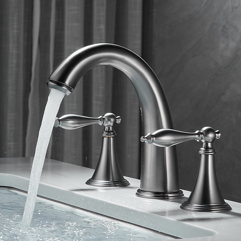 Gunmetal gray hot and cold basin faucet, all-copper, double-handle, three-hole, for bathroom under-counter washbasin, two-piece design Gunmetal gray hot and cold basin faucet, all-copper, double-handle, three-hole, for bathroom under-counter washbasin, two-piece design