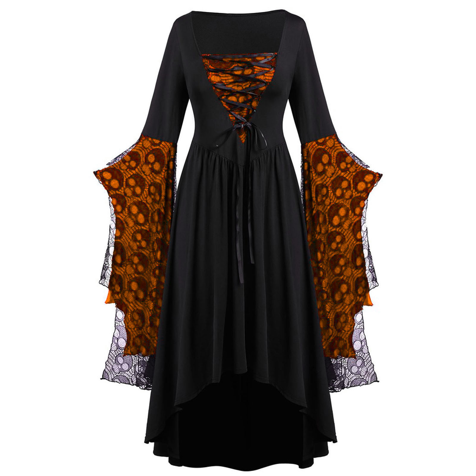 Women's Ball Gown Vintage Style Square Neck Printing Nine Points Sleeve Skull Maxi Long Dress Party Festival display picture 5