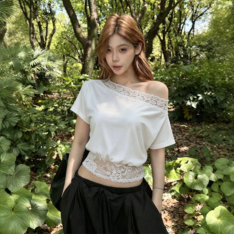 [260g Rayon Modal] Lace Splicing Off-Shoulder Short-Sleeved T-Shirt for Women, Summer Loose-Fitting Slimming Off-Shoulder Top