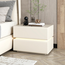 奶油风床头柜小型卧室床边柜轻奢实木皮质收纳柜免安装悬空床跨境