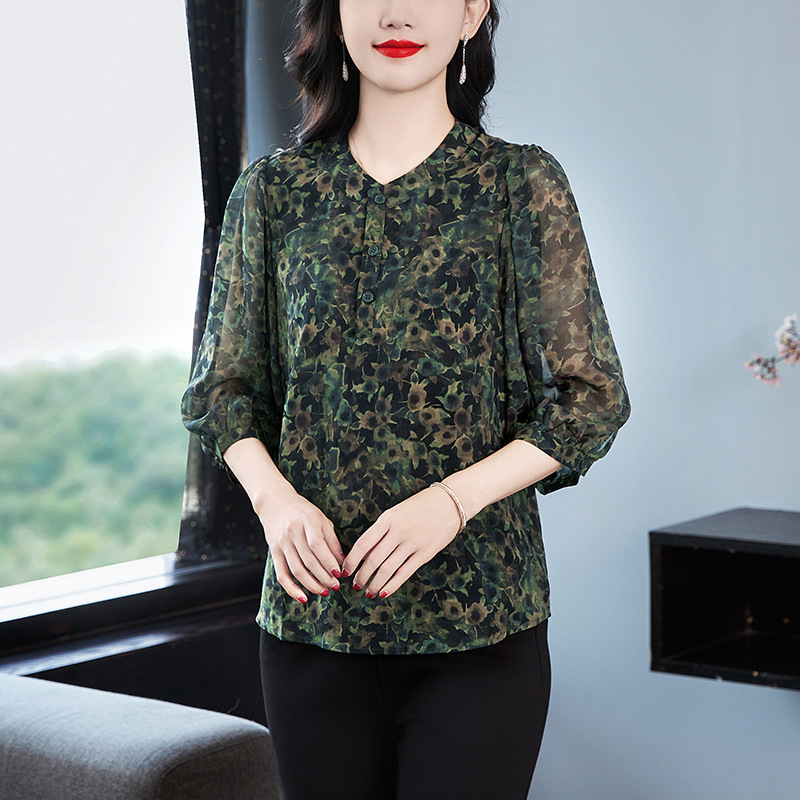 高端品牌夏季女士真丝衬衣薄款妈妈上衣立领气质雪纺女装小衫批发