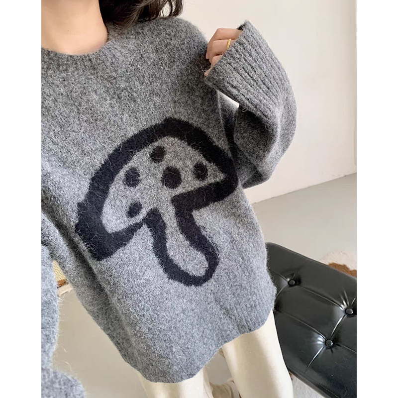 2025 New Autumn Round Neck Mushroom Knitwear Pullover Wool Alpaca Loose Shoulder Sleeve Knitwear Top