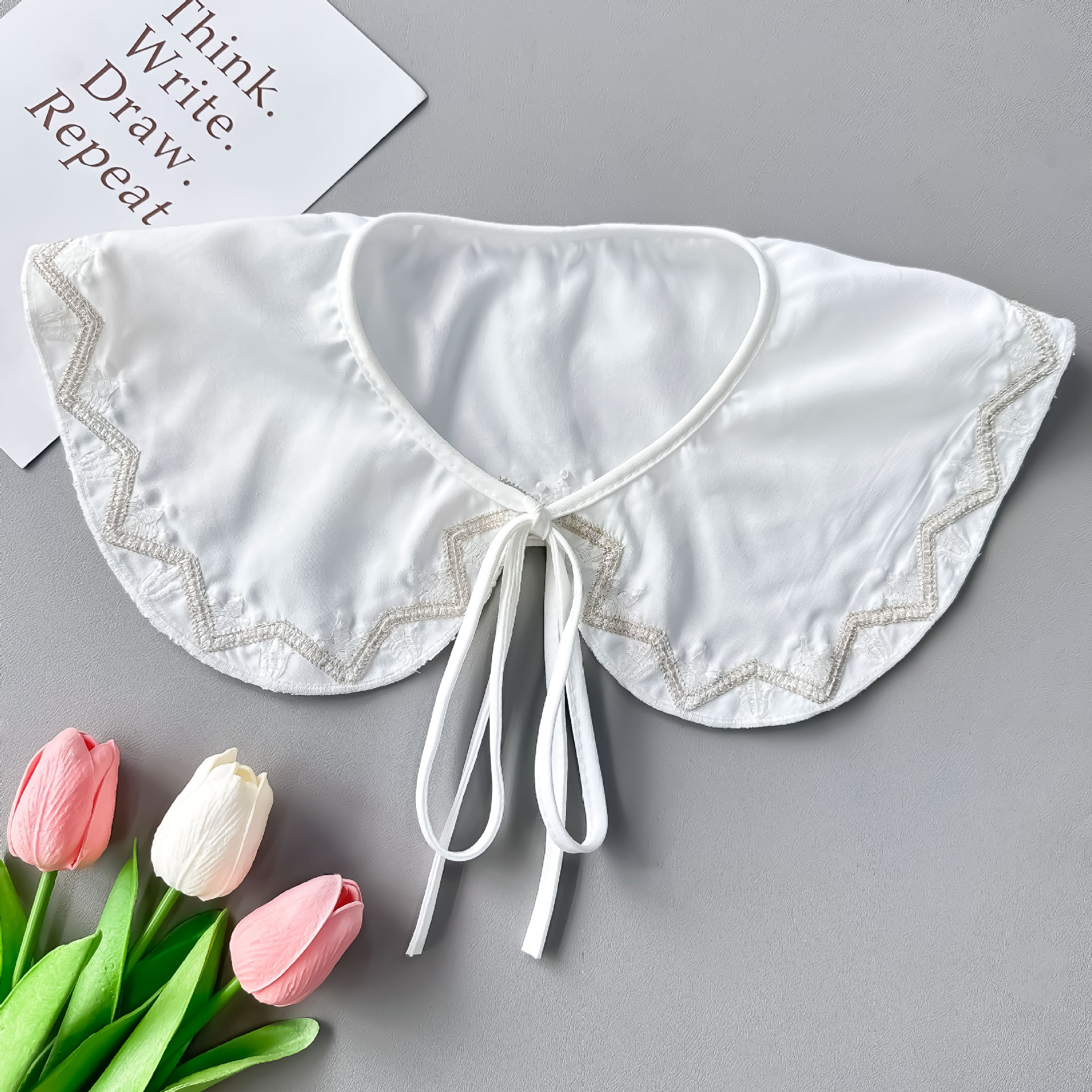 Elegante blanco falso cuello dentado bordado diseño de lazos de adornos vestidos de mujer camisa suéter accesorios otoño invierno